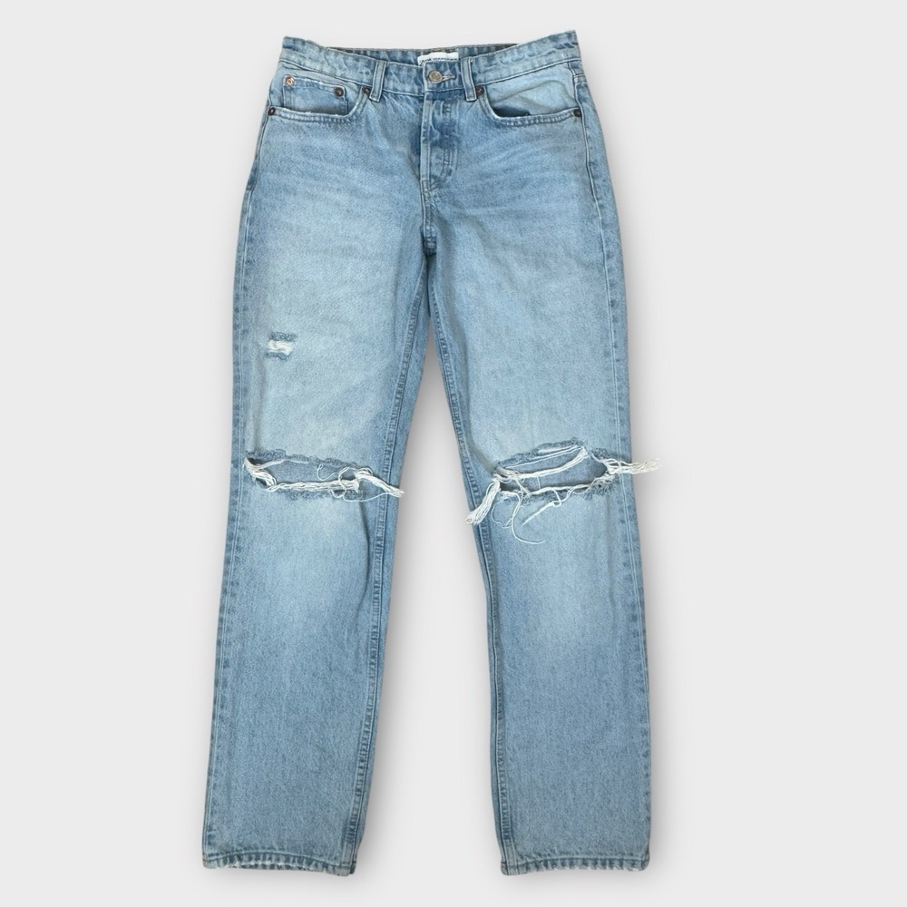 Zara Light Blue Ripped Denim Rigid Button Fly‎ Jeans Women Size 6 Straight Leg